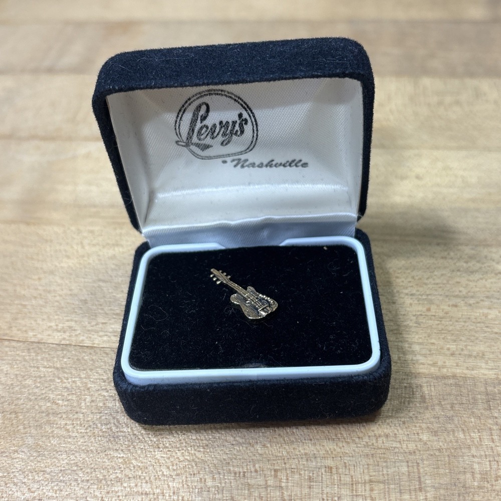 Vintage Gold Tone Electric Guitar Tie Tack Lapel Pin w/ Levy's Nashville